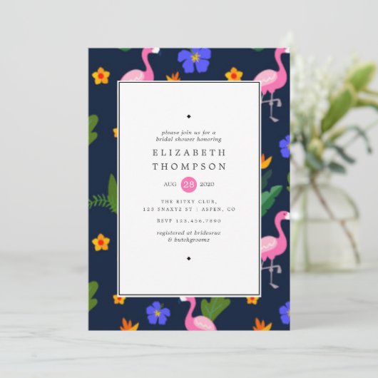 Exotisches tropisches Flamingo-Brautparty Einladung (Stehend Vorderseite)