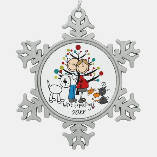 Expectant Couple 2 Cats Hund Schneeflocken Ornamen Schneeflocken Zinn-Ornament (Vorderseite)