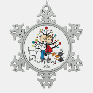Expectant Couple 2 Cats Hund Schneeflocken Ornamen Zinn-Ornament