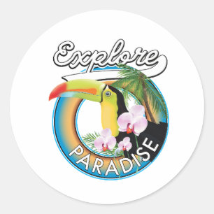 Explore Paradise Travel Logo Cartoon Runder Aufkleber