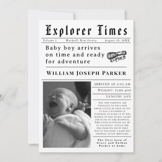 Explorer Times Newborn Birth Ankündigung (Vorderseite)
