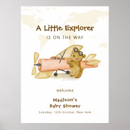 Explorer World Map Airplane Baby Shower Welcome  Poster