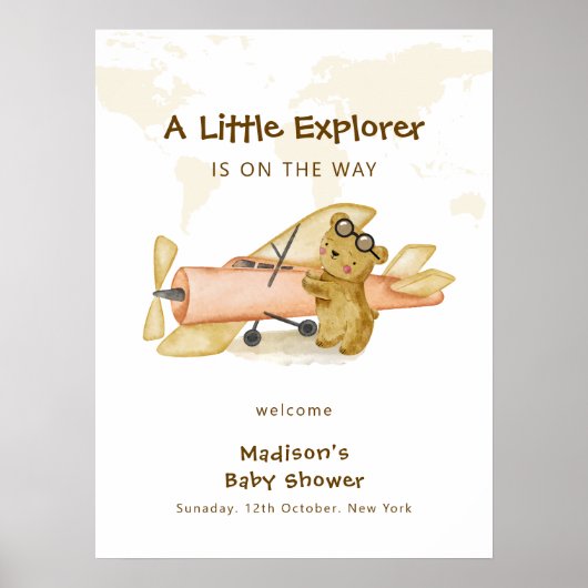 Explorer World Map Airplane Baby Shower Welcome  Poster (Vorne)