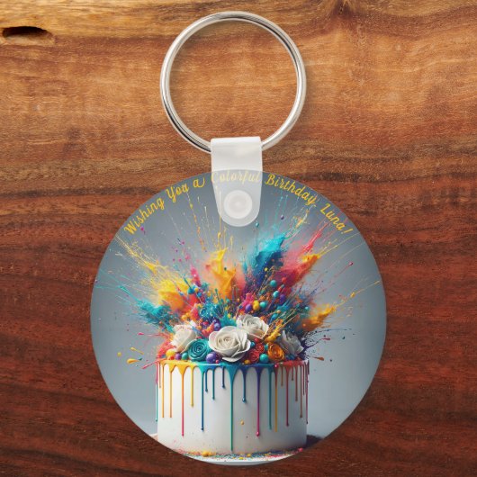 Explosion der Freude - Glücklicher Geburtstagskuch Schlüsselanhänger (Vorderseite)