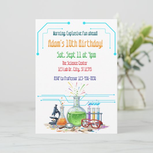 Explosive Fun Science Lab Birthday Einladung (Stehend Vorderseite)