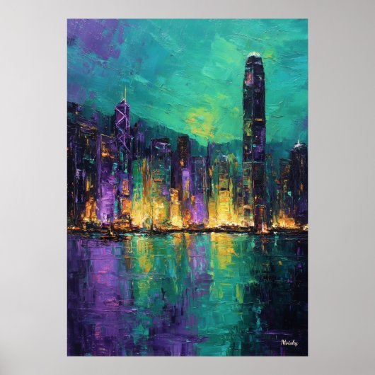 Expressionist Hong Kong Skyline Neon Harbor City Poster (Vorne)
