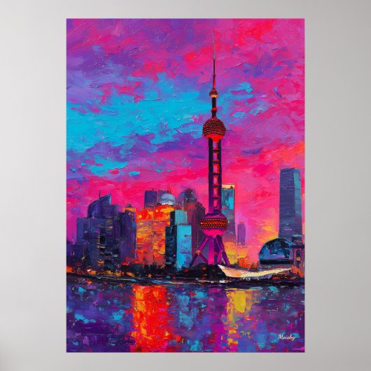 Expressionist Shanghai Skyline Colorful Urban City Poster (Vorne)