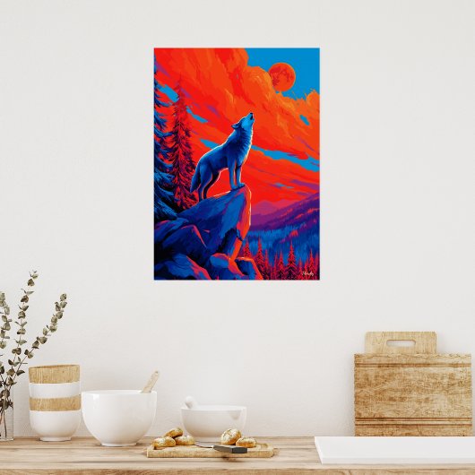 Expressionist Wolf Under Crimson Moon Wall Art Poster (Küche)