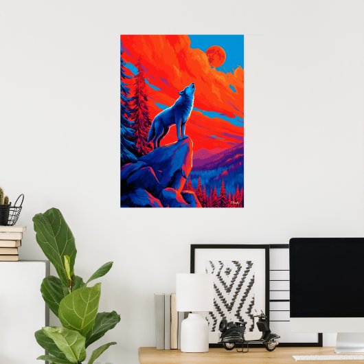 Expressionist Wolf Under Crimson Moon Wall Art Poster (Heimbüro)