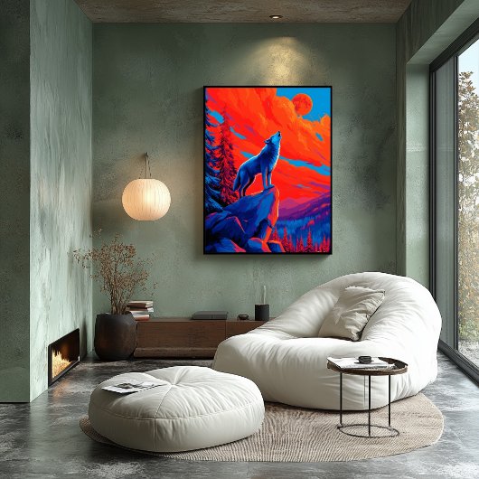 Expressionistischer Wolf unter karmesinrotem Mond  Poster
