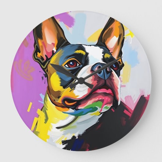Expressive Boston Terrier Abstrakt Große Wanduhr (Vorderseite)