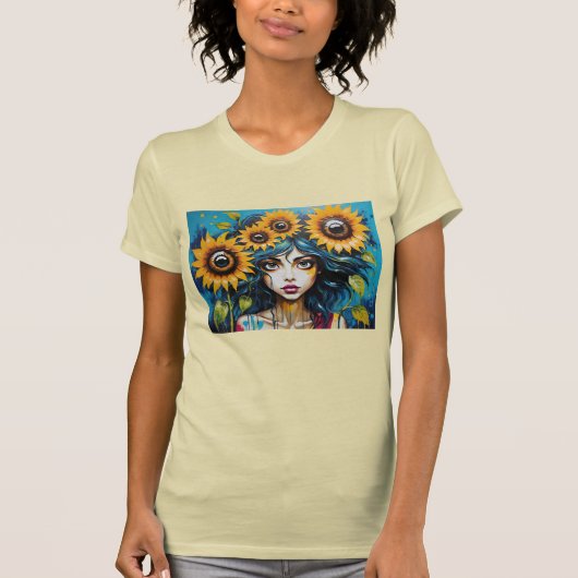 Expressive Girl's Face With Sunflowers T-Shirt (Vorderseite)