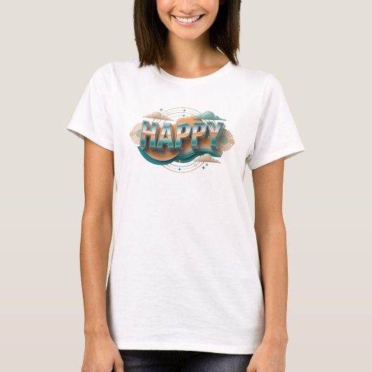 Expressiver HAPPY Mode-Druck T-Shirt (Vorderseite)