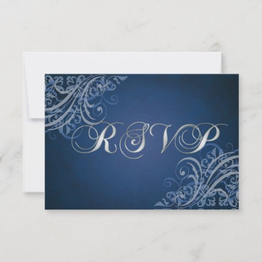 Exquisite Barock Blue Scroll RSVP Karte (Vorderseite)