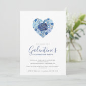 Exquisite Blue Floral Heart Galentine's Day Party Einladung (Stehend Vorderseite)