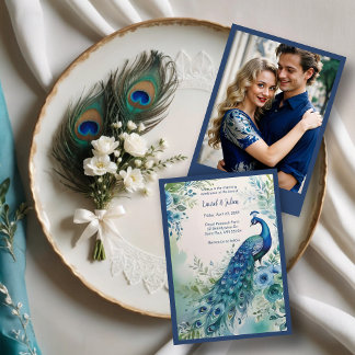 Exquisite Blue & Green Peacock Watercolor Photo Einladung