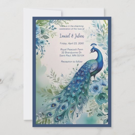 Exquisite Blue & Green Peacock Watercolor Photo Einladung (Vorderseite)