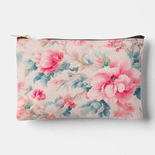 Exquisite Blume in sanftrosa und Blätter in Cerule Zubehörtasche (Vorderseite)