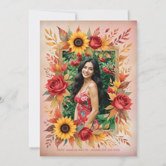Exquisite Botanical Floral Frame Spanish Photo XVs Einladung (Rückseite)