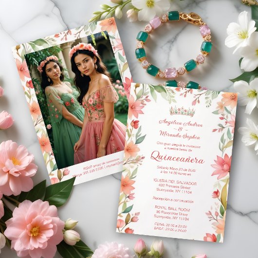Exquisite Botanical Frame Quinceañera Twins Photo Einladung