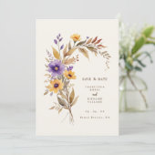 Exquisite Cherish Purple & Yellow Floral Bouquet Save The Date (Stehend Vorderseite)