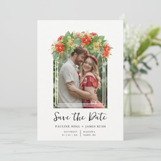 Exquisite Chic Botanical Arch Frame Photo Wedding Save The Date (Stehend Vorderseite)