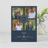 Exquisite Chic Navy Blue & Gold Initials 4 Photos  Einladung (Stehend Vorderseite)