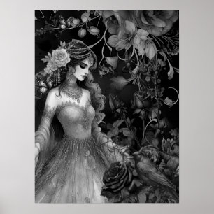 Exquisite dunkle monochrome Beauty-Rose & Raven Poster