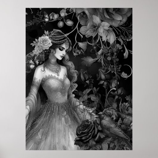 Exquisite dunkle monochrome Beauty-Rose & Raven Poster (Vorne)