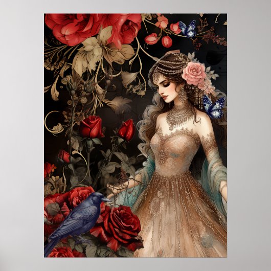 Exquisite Dunkle Schönheit Rote Rosen & Raven Poster (Vorne)