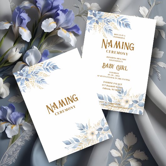 Exquisite Floral Branches in Blue Naming Ceremony Einladung
