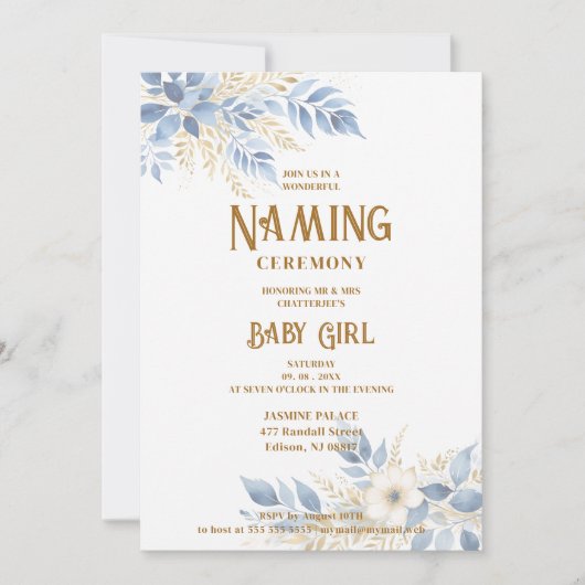 Exquisite Floral Branches in Blue Naming Ceremony Einladung (Vorderseite)