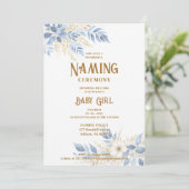Exquisite Floral Branches in Blue Naming Ceremony Einladung (Stehend Vorderseite)