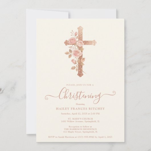 Exquisite Floral Glitter Cross Romantic Rose Gold Einladung (Vorderseite)