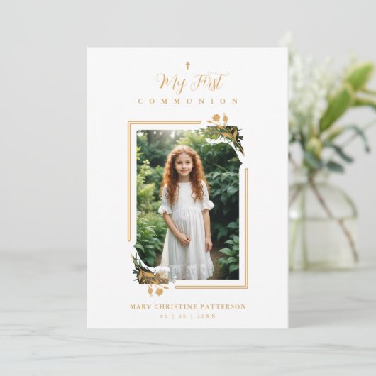 Exquisite Gold Botanical Frame First Communion Einladung (Stehend Vorderseite)