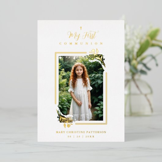 Exquisite Gold Botanical Frame First Communion Folieneinladung (Stehend vorne)