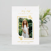 Exquisite Gold Botanical Frame First Communion Folieneinladung (Stehend vorne)