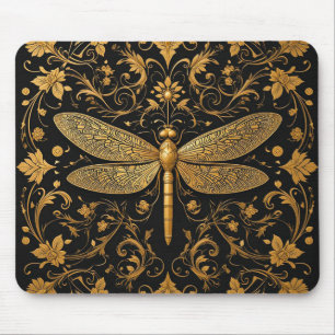 Exquisite Goldene Drachenfliege mit floraler Kunst Mousepad