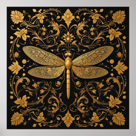 Exquisite Goldene Drachenfliege mit floraler Kunst Poster (Vorne)
