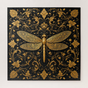 Exquisite Goldene Drachenfliege mit floraler Kunst Puzzle