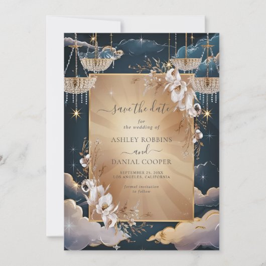 Exquisite goldene Kronleuchter Save the Date Einladung (Vorderseite)