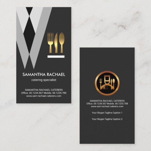 Exquisite Gray Tuxedo Anzug Waiter Gold Cutlery Visitenkarte (Vorne/Hinten)