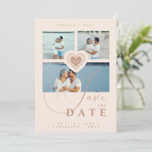 Exquisite Imitate Lace Heart Champagne 3 Multi-Fot Save The Date (Stehend Vorderseite)