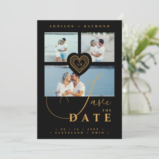 Exquisite Lace Gold & Black 3 Multi-Fotos Save The Date (Stehend Vorderseite)