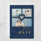 Exquisite Lace Gold & Navy Blue 3 Multi-Fotos Save The Date (Vorderseite)