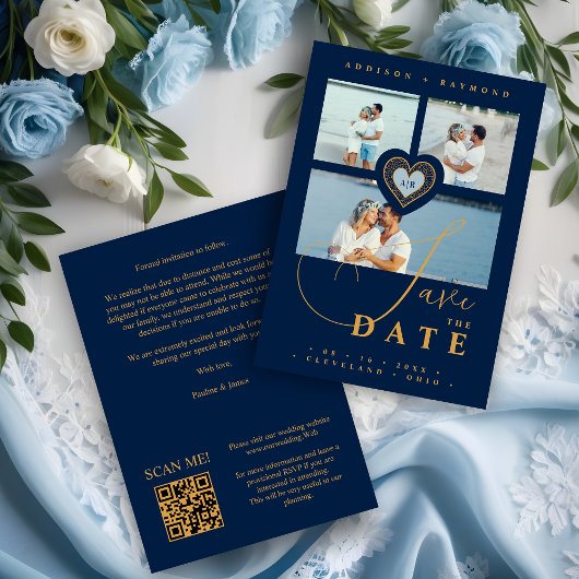 Exquisite Lace Gold & Navy Blue 3 Multi-Fotos Save The Date