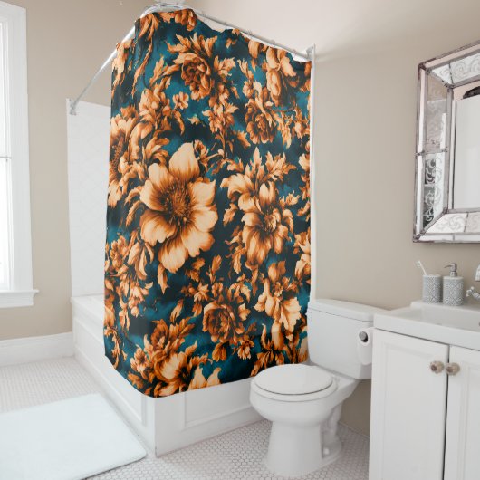 Exquisite luxuriöse Golden Blume, Blätter auf Blue Duschvorhang (Beispiel)