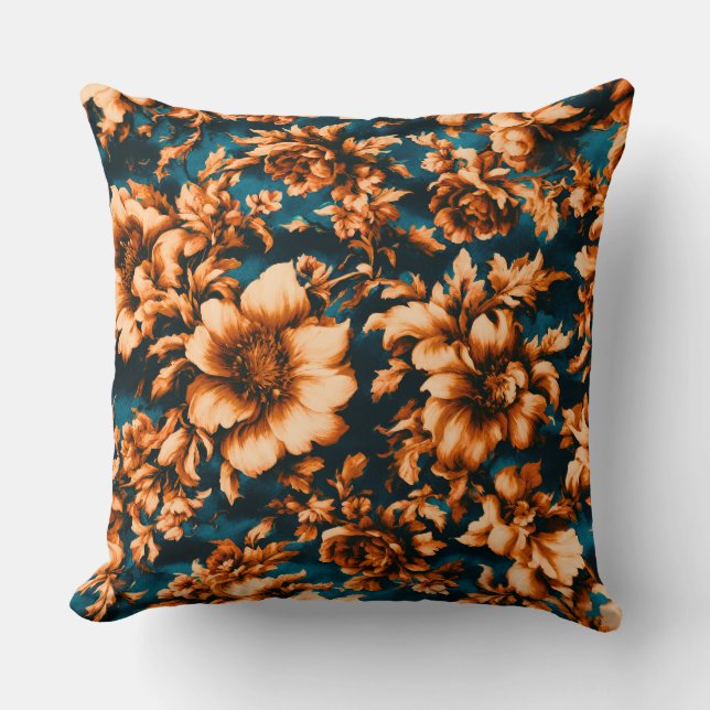 Exquisite luxuriöse Golden Blume, Blätter auf Blue Kissen (Vorderseite)