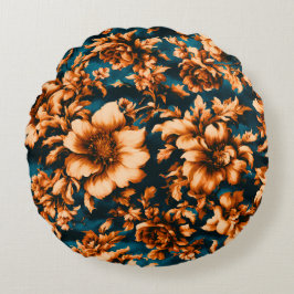 Exquisite luxuriöse Golden Blume, Blätter auf Blue Rundes Kissen