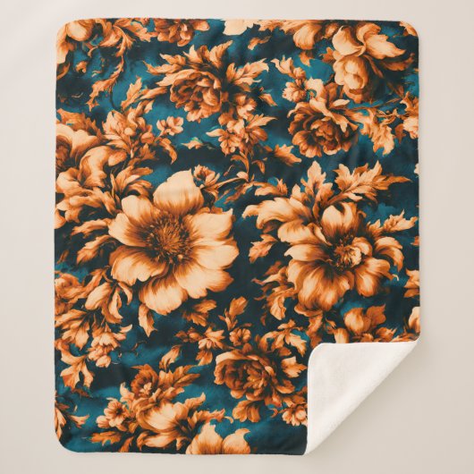 Exquisite luxuriöse Golden Blume, Blätter auf Blue Sherpadecke (Vorderseite)